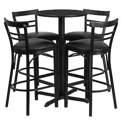 24'' Black Table Set with X-4 Two-Slat Metal Barstools - Black Vinyl Seat