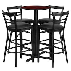 24'' Mahogany Table Set with X-4 Two-Slat Metal Barstools - Black Vinyl Seat