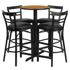 24'' Natural Table Set with X-4 Two-Slat Metal Barstools - Black Vinyl Seat