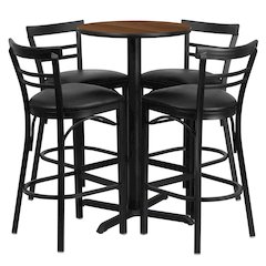 24'' Walnut Table Set with X-4 Two-Slat Metal Barstools - Black Vinyl Seat