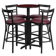 24'' Round Mahogany Laminate Table Set with X-Base and 4 Two-Slat Ladder Back Metal Barstools - Burgundy Vinyl Seat