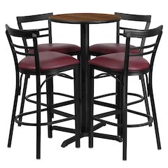 24'' Walnut Table Set with X-4 Two-Slat Metal Barstools - Burgundy Vinyl Seat