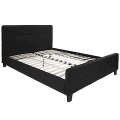 Queen Size Three Button Tufted Upholstered Platform Bed in Black Fabric