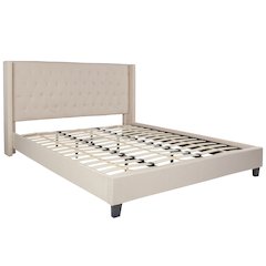 King Size Tufted Upholstered Platform Bed with Accent Nail Trimmed Extended Sides in Beige Fabric