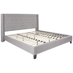 King Size Tufted Upholstered Platform Bed with Accent Nail Trimmed Extended Sides in Light Gray Fabric