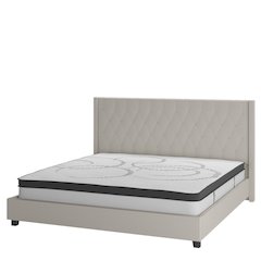 King Size Tufted Upholstered Platform Bed in Beige Fabric