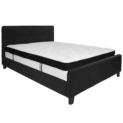Queen Size Three Button Tufted Upholstered Platform Bed in Black Fabric with Mattress