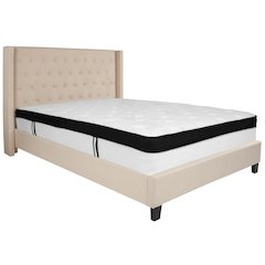 Queen Size Tufted Upholstered Platform Bed with Accent Nail Trimmed Extended Sides in Beige Fabric with Mattress