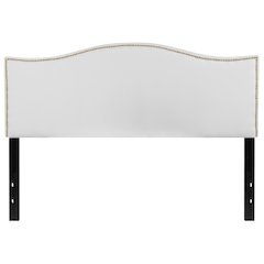 Upholstered Queen Size Arched Headboard with Accent Nail Trim in White Fabric