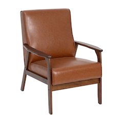 Upholstered Arm Chair with Walnut Finished Wooden Frame and Arms in Cognac