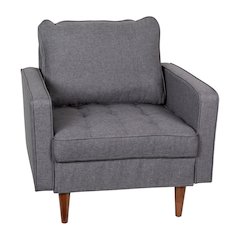 Armchair with Tufted Faux Linen Upholstery, Solid Wood Legs in Dark Gray