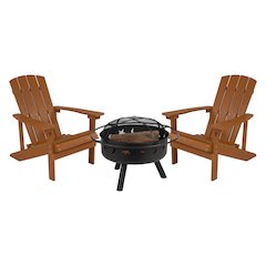3 Piece Teak Poly Resin Wood Adirondack Chair Set with Fire Pit