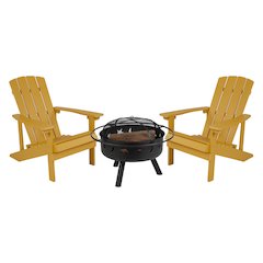 3 Piece Yellow Poly Resin Wood Adirondack Chair Set with Fire Pit