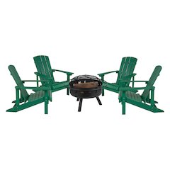 5 Piece Green Poly Resin Wood Adirondack Chair Set with Fire Pit