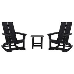 Set of 2 Black 2-Slat Rocking Adirondack Chairs with Matching Side Table