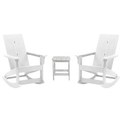 Set of 2 White 2-Slat Rocking Adirondack Chairs with Matching Side Table