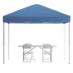 Tent Set - 10'x10' Blue Canopy Tent, 6-Foot Table, Set of 4 White Folding Chairs