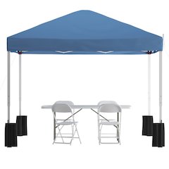 Tent Set-10'x10' Wheeled Blue Canopy Tent, 6-Foot Table, 4 White Folding Chairs