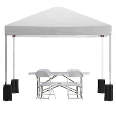 Tent Set-10'x10' Wheeled White Canopy Tent, 6-Foot Table, 4 White Folding Chairs