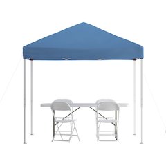 Tent Set - 8'x8' Blue Canopy Tent, 6-Foot Table, Set of 4 White Folding Chairs