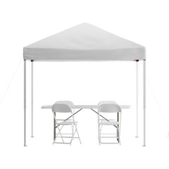 Tent Set - 8'x8' White Canopy Tent, 6-Foot Table, Set of 4 White Folding Chairs