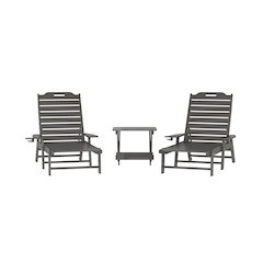 3-Piece Set with 2 Adjustable HDPE Loungers and Folding Side Table in Gray
