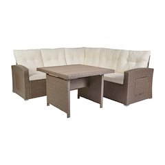 Set With L-Shaped Sofa and Table With Faux Wood Top, Beige Cushions/Brown Frame
