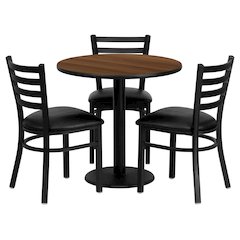 30'' Round Walnut Laminate Table Set with 3 Ladder Back Metal Chairs - Black Vinyl Seat