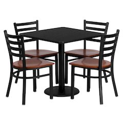 30'' Square Black Table Set with 4 Ladder Back Metal Chairs - Cherry Wood Seat