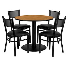 36'' Round Natural Laminate Table Set with 4 Grid Back Metal Chairs - Black Vinyl Seat
