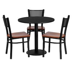 30'' Round Black Laminate Table Set with 3 Grid Back Metal Chairs - Cherry Wood Seat