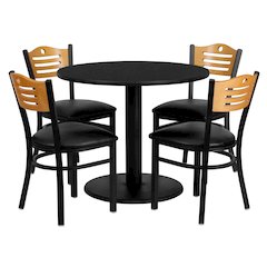36'' Round Black Laminate Table Set with 4 Wood Slat Back Metal Chairs - Black Vinyl Seat