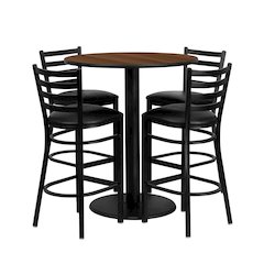36'' Round Walnut Laminate Table Set with 4 Ladder Back Metal Barstools - Black Vinyl Seat