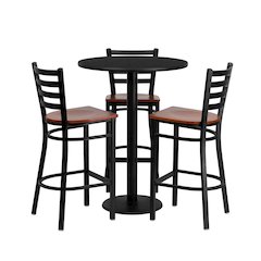30'' Round Black Table Set with 3 Ladder Back Metal Barstools - Cherry Wood Seat
