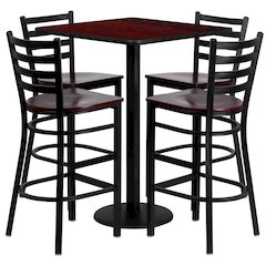 30'' Mahogany Table Set with 4 Ladder Back Metal Barstools - Mahogany Wood Seat