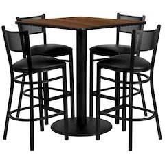 36'' Square Walnut Laminate Table Set with 4 Grid Back Metal Barstools - Black Vinyl Seat