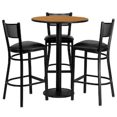 30'' Round Natural Table Set with 3 Grid Back Metal Barstools - Black Vinyl Seat