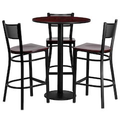 30'' Mahogany Table Set with 3 Grid Back Metal Barstools - Mahogany Wood Seat