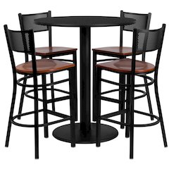 36'' Round Black Laminate Table Set with 4 Grid Back Metal Barstools - Cherry Wood Seat