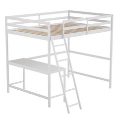 Loft Bed Frame with Desk, Full Size with Protective Guard Rails - White