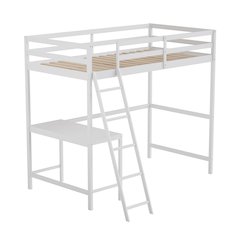 Loft Bed Frame with Desk, Twin Size with Protective Guard Rails - White