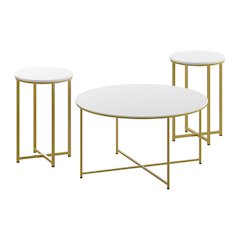 Coffee and End Table Set - White Laminate Top with Brushed Gold Crisscross Frame, 3 Piece Occasional Table Set