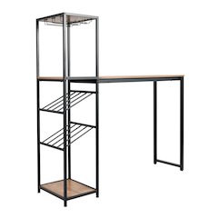 Modern Wine and Bar Table with Shelves, Light Brown Top/Black Frame