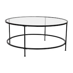 Round Coffee Table - Modern Clear Glass Coffee Table with Matte Black Frame