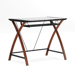Glass Computer Desk with Pull-Out Keyboard Tray and Crisscross Frame