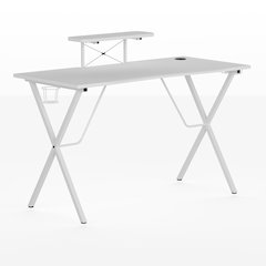 White Gaming Desk with Cup Holder, Headphone Hook, and Monitor/Smartphone Stand