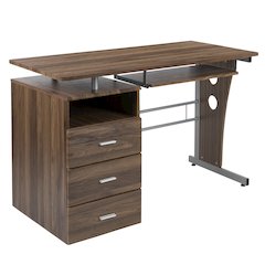 Rustic Walnut Desk with Three Drawer Pedestal and Pull-Out Keyboard Tray