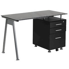 Black Glass Computer Desk with Three Drawer Pedestal