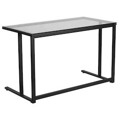 Glass Desk with Black Pedestal Metal Frame
