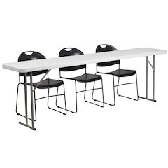 8-Foot Plastic Folding Training Table Set with 3 Black Plastic Stack Chairs